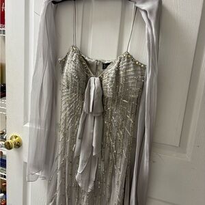 Jovani Silver Beaded Silk Dress